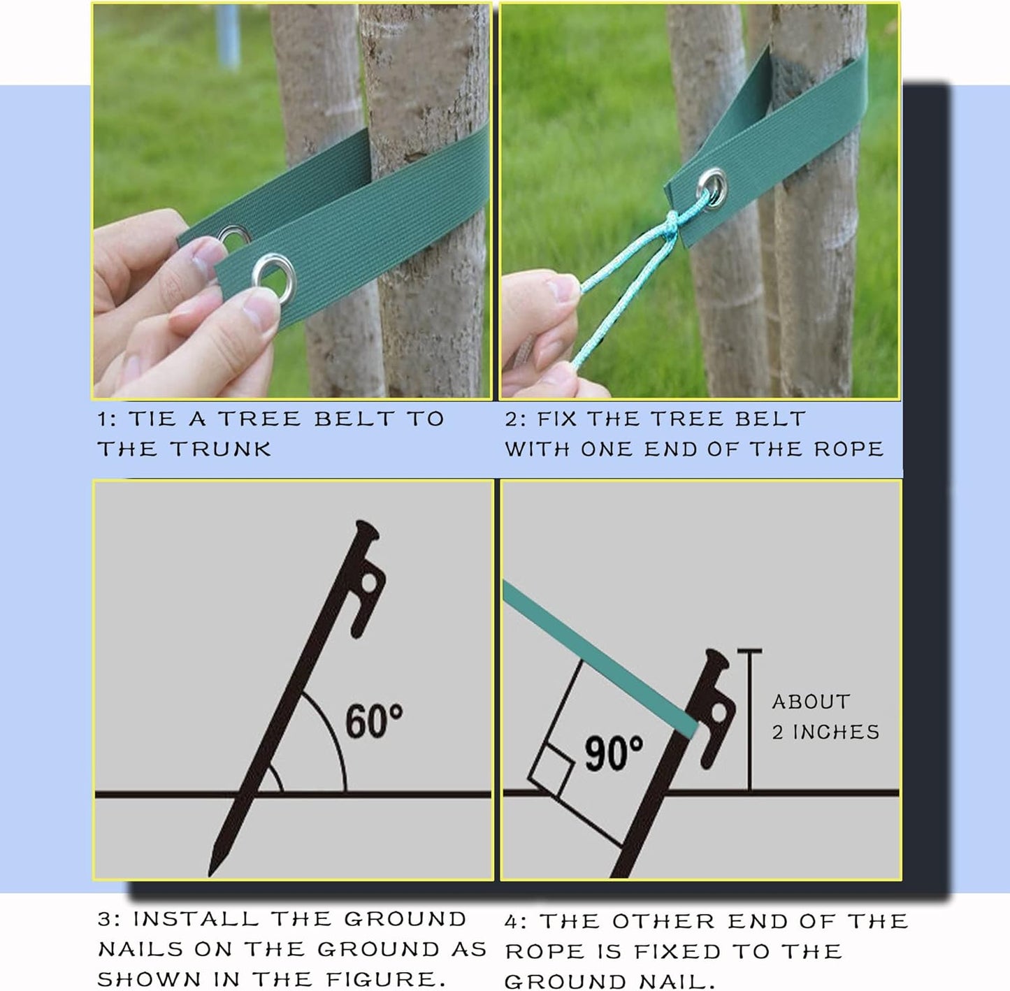 Tree Stake Kits, Tree Stakes and Supports Kits for Hurricane Protection & Bad Weather, Include 3 PCS 11.8" Heavy Duty Steel Tree Stakes, 3 PCS 15.8" Tree Straps and 50 FT Rope