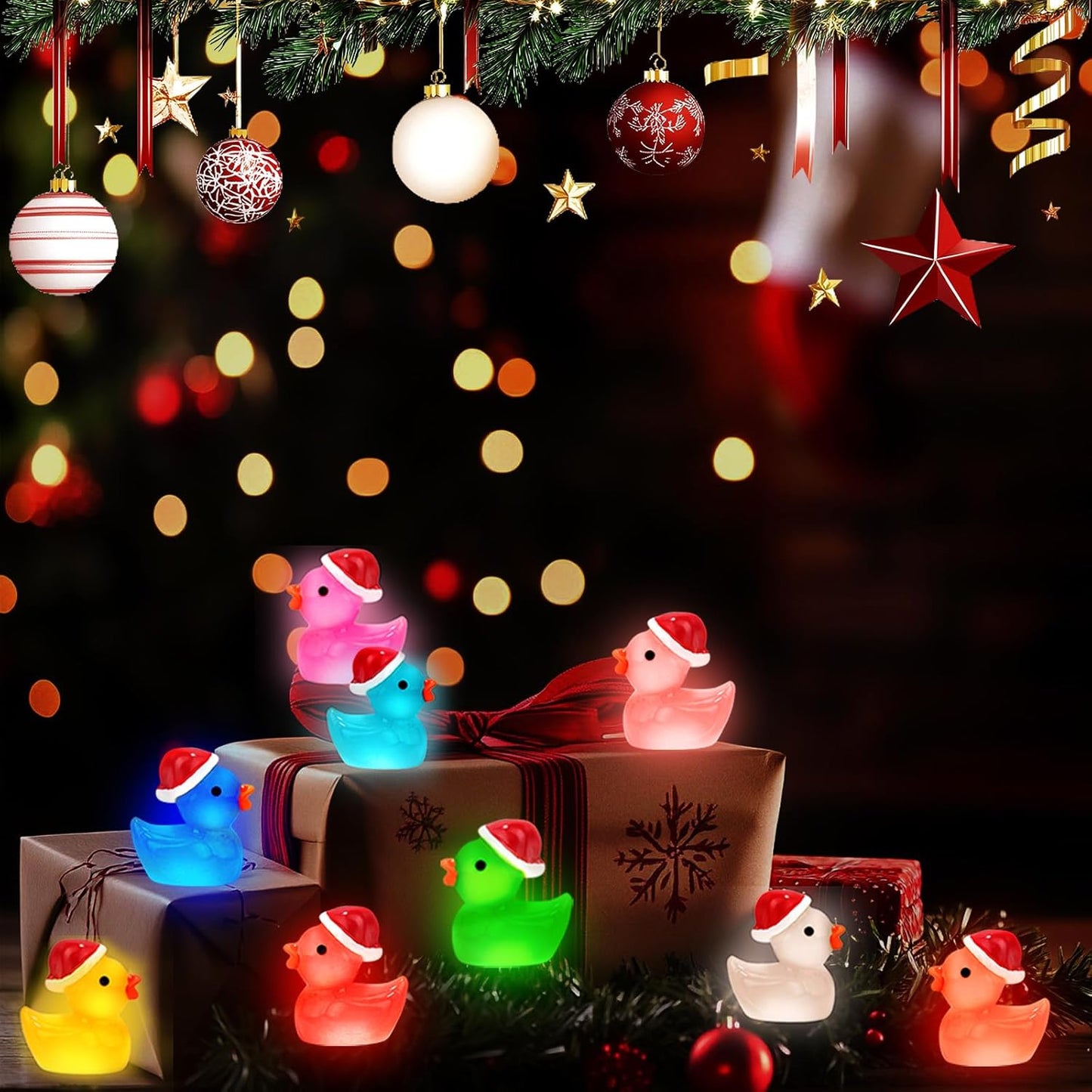 120Pcs Luminous Christmas Mini Resin Duck 14 Colors Glow in The Dark Small Duck Figurines for Miniature Christmas Decor Aquarium Ornament Dollhouse Decoration DIY Slime Craft Kit Birthday Party Favors