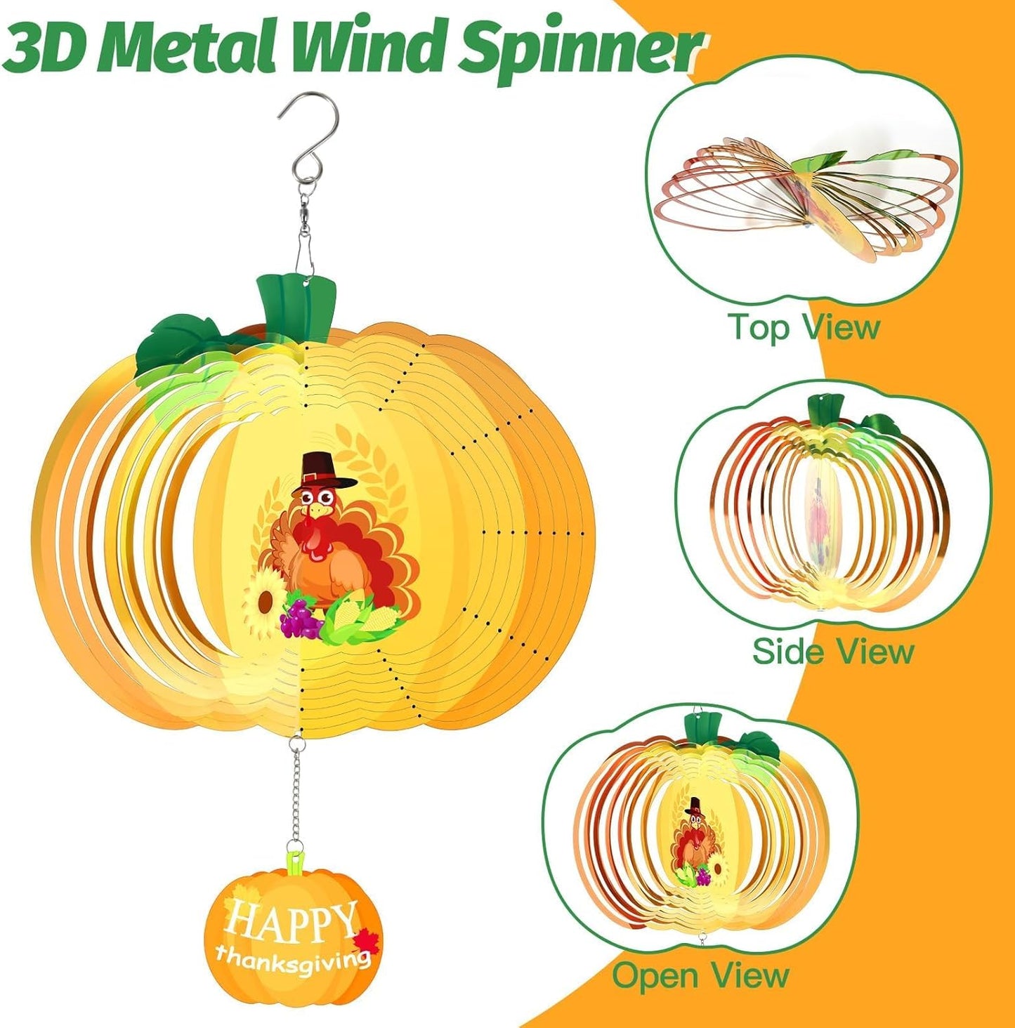 Thanksgiving Wind Spinners Fall Harvest Turkey Pumpkin Wind Spinner 3D Stainless Steel Hanging Wind Sculptures for Indoor Outdoor Yard Garden Decorations - 11.8 Inch