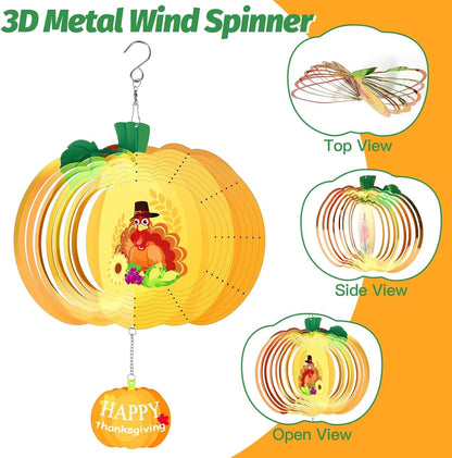 Thanksgiving Wind Spinners Fall Harvest Turkey Pumpkin Wind Spinner 3D Stainless Steel Hanging Wind Sculptures for Indoor Outdoor Yard Garden Decorations - 11.8 Inch