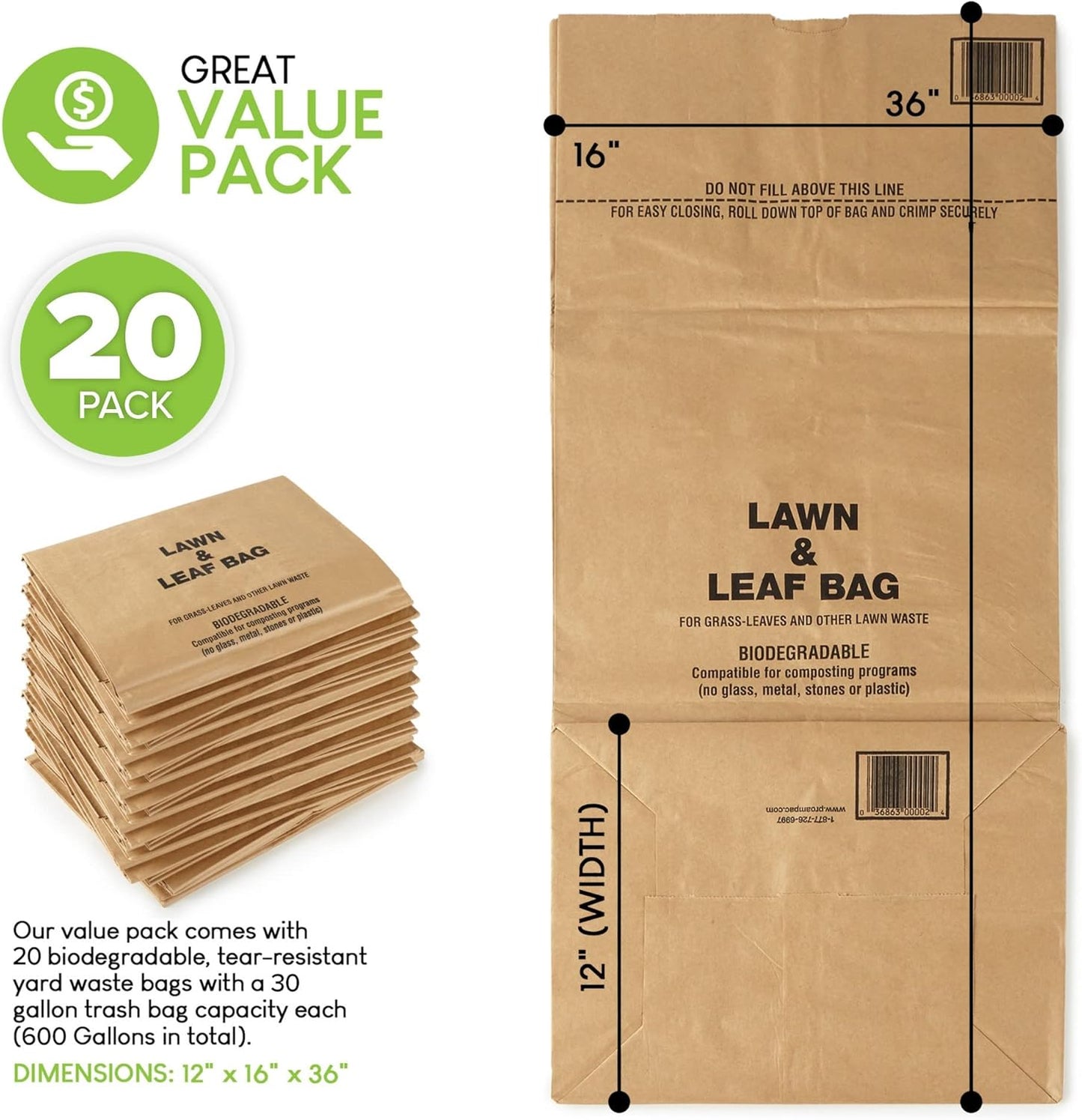30 Gallon Kraft Lawn and Leaf Bags (20 Pack) Eco-Friendly Heavy Duty Large Paper Trash Bags, Made in the USA Tear Resistant Yard Waste Bags for Grass Clippings, Wet and Dry Leaves, Weeds, Twigs