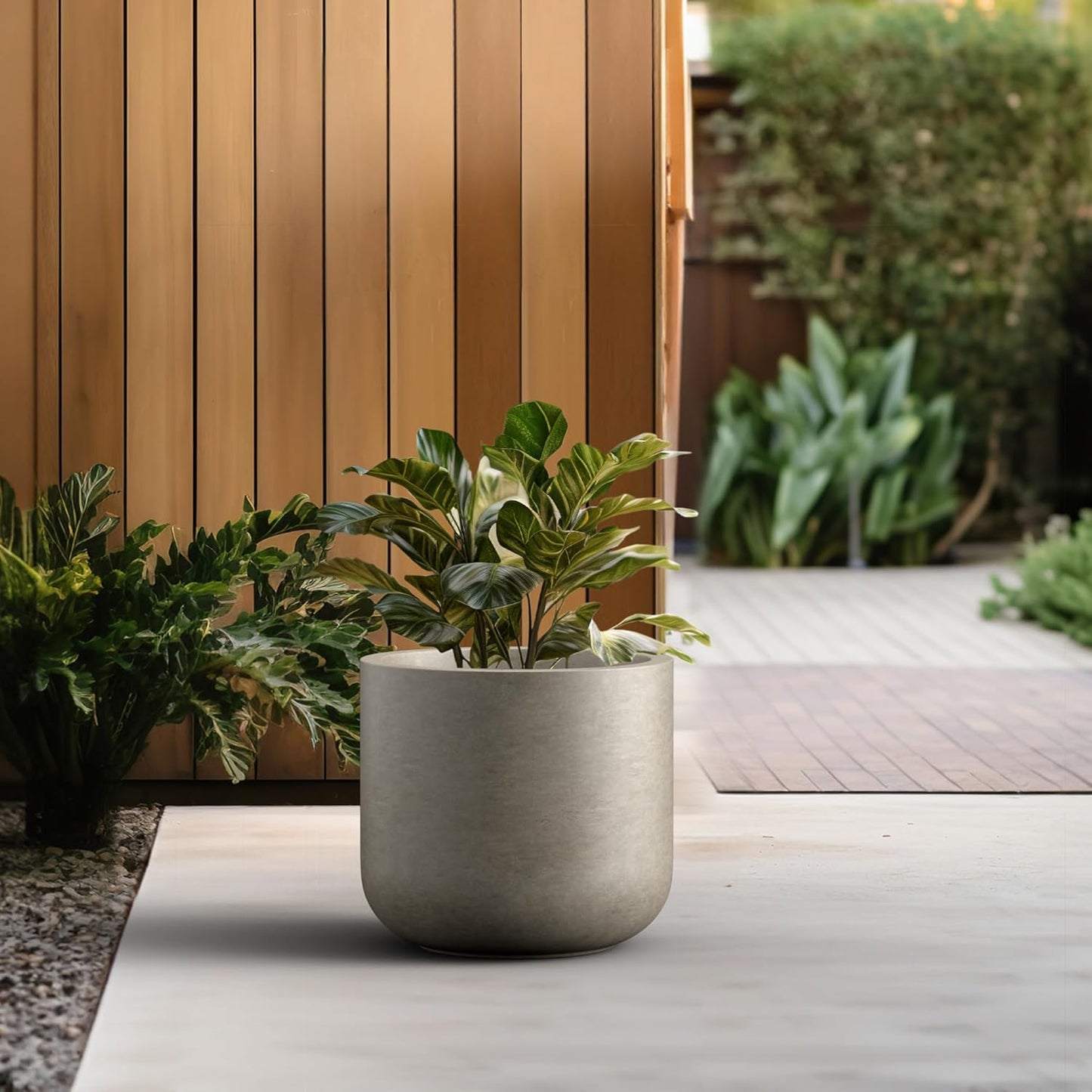 Kante 13.8-Inch Dia Round Concrete Planter, Indoor & Outdoor Garden Pot with Drainage Hole & Rubber Plug, Ideal for Flower and Tree, Weathered Concrete