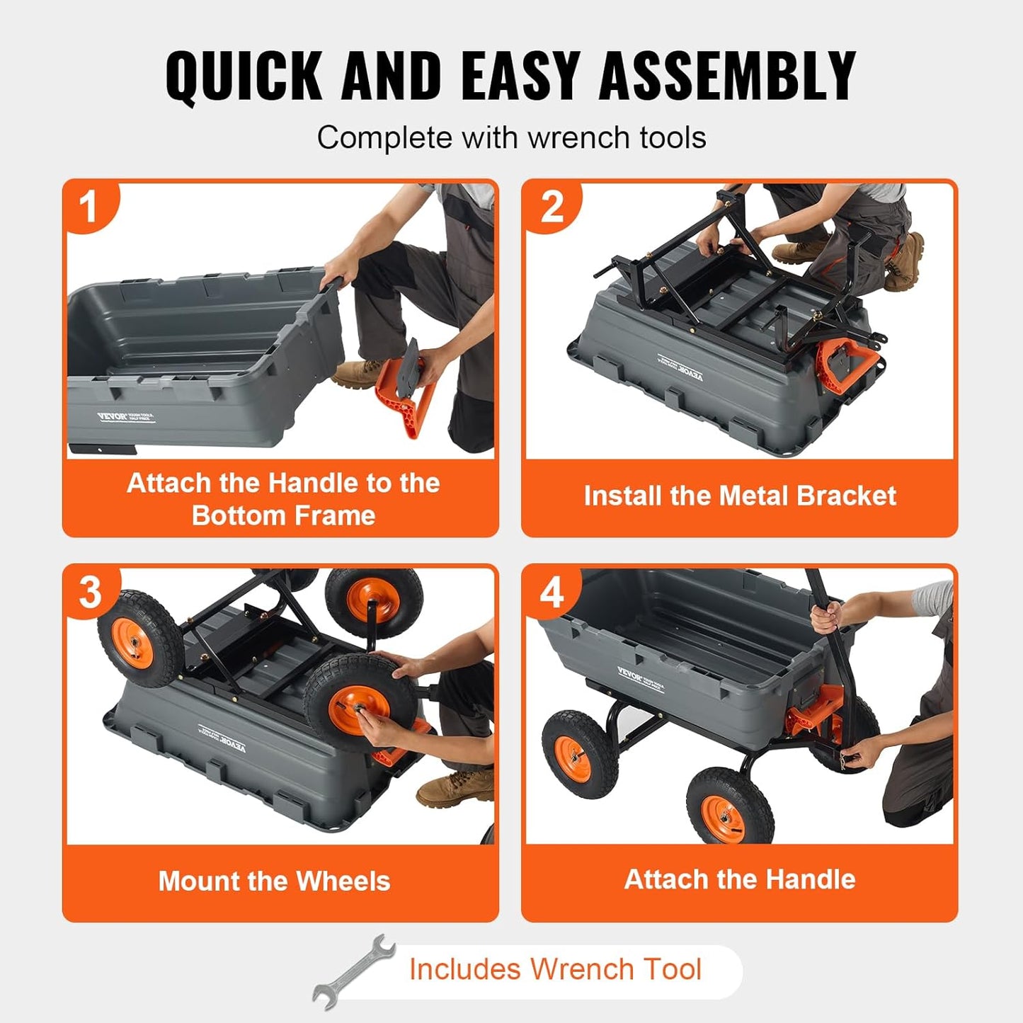VEVOR 1200lbs 7Cu.Ft. Garden Dump Cart with 2-in-1 Convertible Handle and 13in All Terrain Wheels, Heavy Duty Poly Yard Dump Wagon Utility ATV Trailer Dump Cart Tow Behind for Lawn Mower Tractor