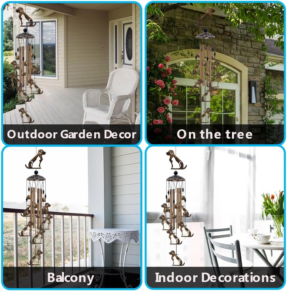 Outdoor Dogs Wind Chimes Indoor Decor - Hand-Made Mobile Romantic Bronze Wind Catcher, 36" Puppys Wind Bells for Home, Balcony, Patio, Garden Festival Decoration, Gift for Mom(4 Tubes, 6 Bells, 7Dogs)