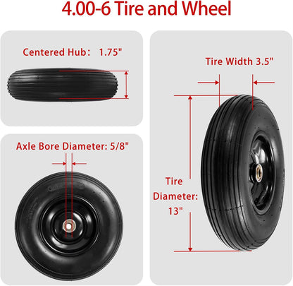 (2-Pack) 4.00-6 Wheelbarrow Tires, 13 Inch Pneumatic Tire and Wheel with 5/8" or 3/4" Bearings, 1.75"-5.75" Center Hub 4.00-6 Pneumatic Tire for Wheelbarrows, Trolleys, Garden Carts