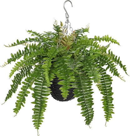 Hollyone Artificial Fern Hanging Basket Plant 25" Boston Ferns 31 Leaves Greenery Plants with Rattan Pot for Outdoors & Indoor Fake Fern Bush Plant in Pot for Patio Entrance Porch Garden Decor Green