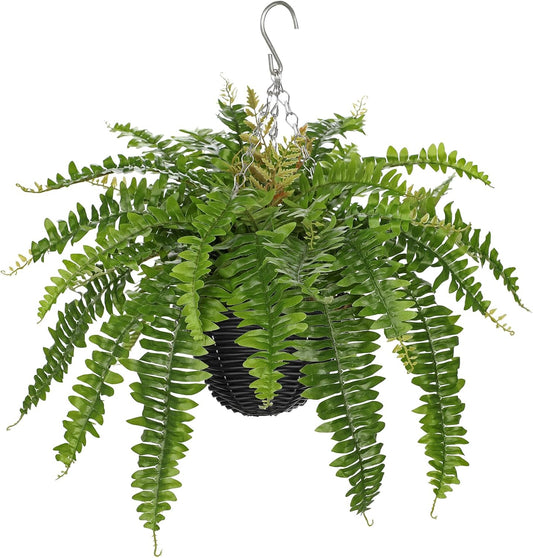 Hollyone Artificial Fern Hanging Basket Plant 25" Boston Ferns 31 Leaves Greenery Plants with