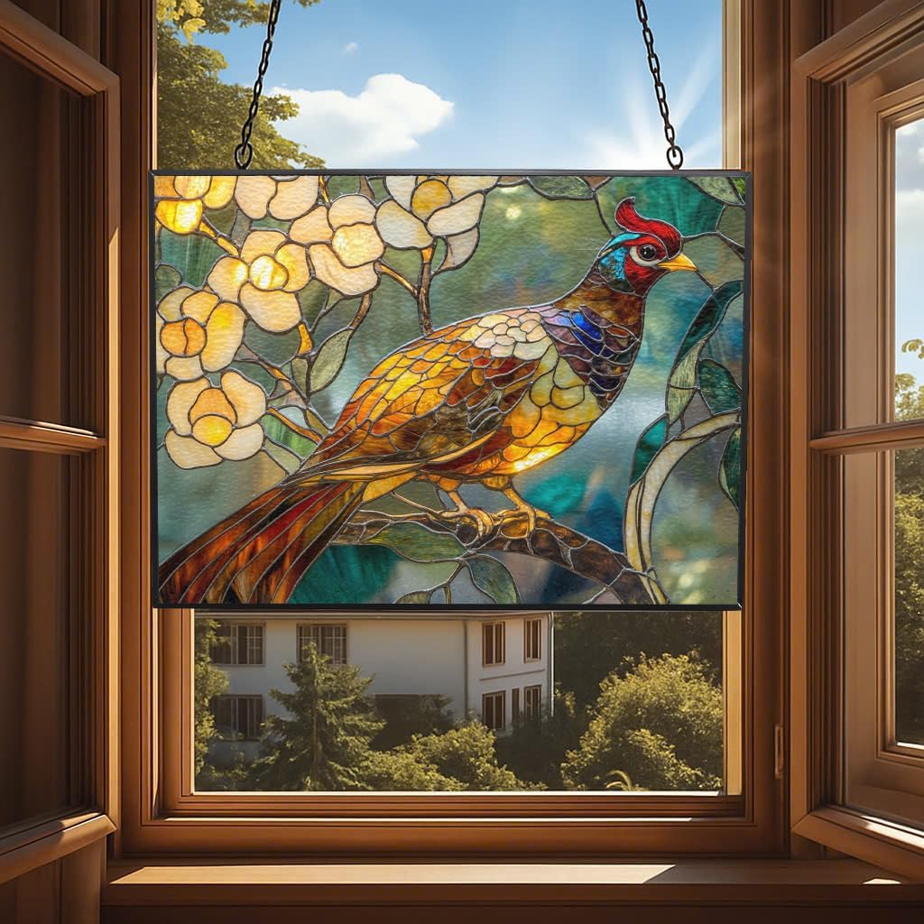 Customized Rectangle Art Nouveau Golden Pheasant Stained Glass Suncatcher Stained Glass Window Hangings Birthday Gift for Mom Grandma Teacher Women Friend Memorial Hook