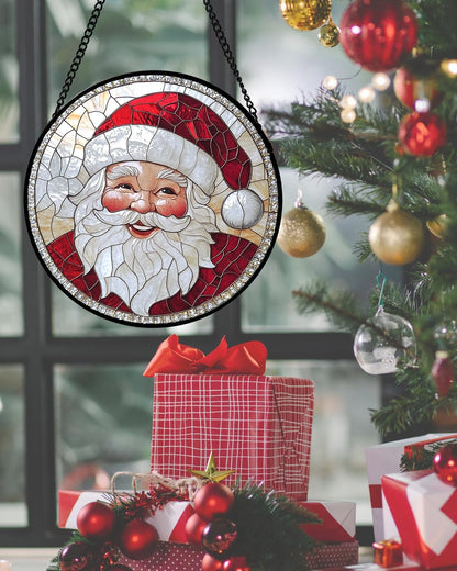 Stained Glass Window Hanging - Santa Claus with White Beard Suncatcher for Doors Home Christmas Decoration Winter Sun Catcher Thanksgiving New Year Birthday Gifts for Women Men Mom Nana 15 in