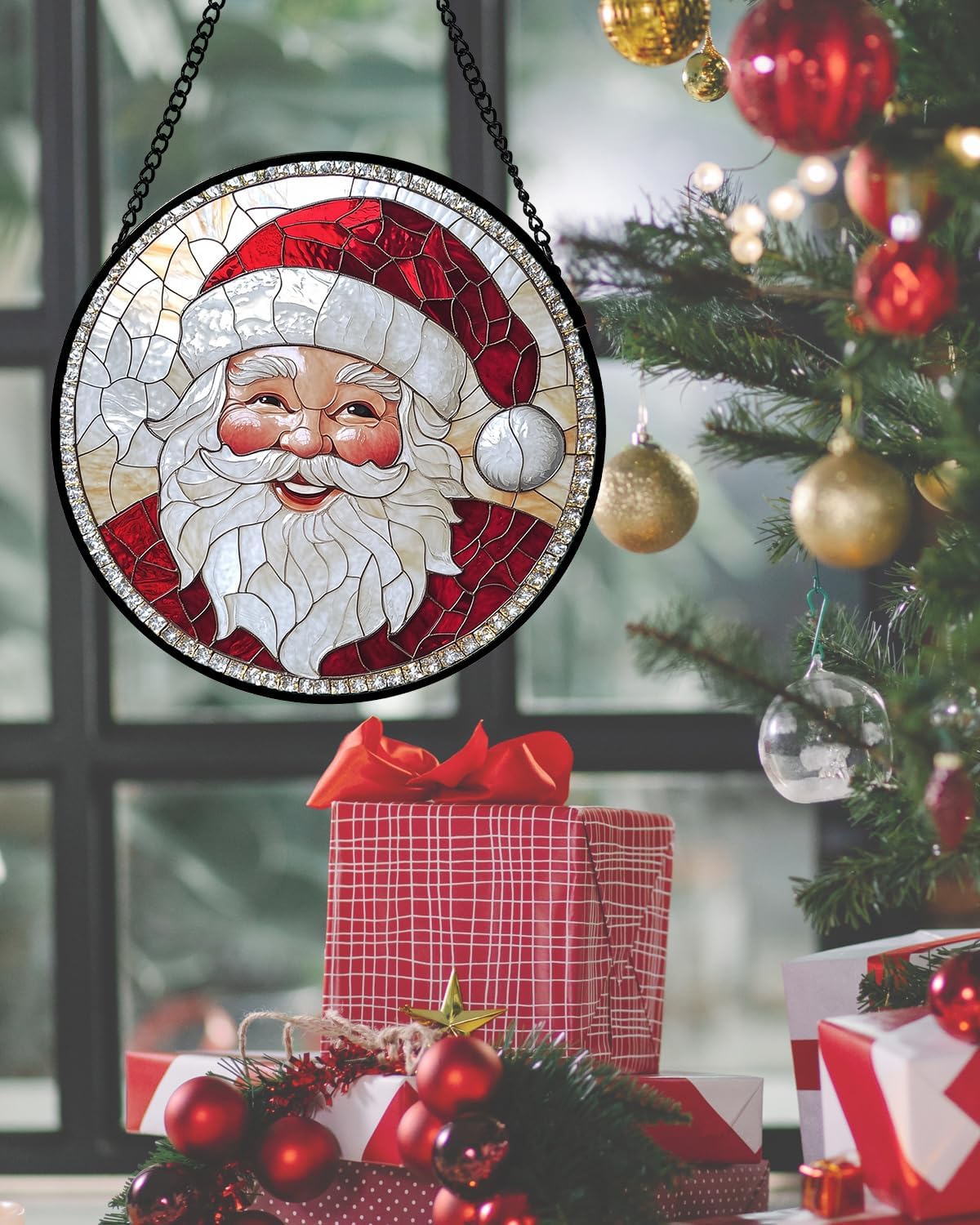 Stained Glass Window Hanging - Santa Claus with White Beard Suncatcher for Doors Home Christmas Decoration Winter Sun Catcher Thanksgiving New Year Birthday Gifts for Women Men Mom Nana 9.8 in