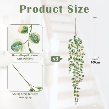 Briful 3 Pack Fake Hanging Plant 39.3" Artificial Hanging String of Hearts Plant Faux Trailing Vine with Heart-Shaped Leaves Lush Cascading Fake Geenery for Home Wall Garden Patio Shelf Decor