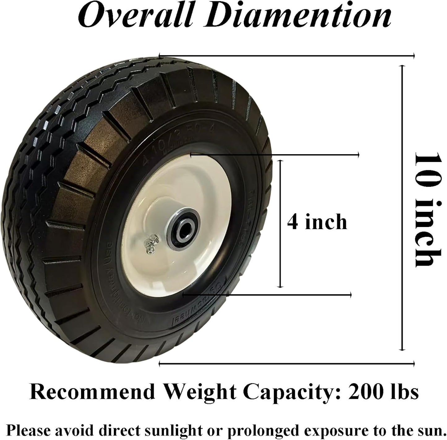 Flat Free 4.10/3.50-4 Tire with 1/2 Axle Bore, 3-4” Center Hub 10 inch Solid Tire Replacement for Hand Truck/Wagon/Garden Cart/Wheelbarrow/Dolly(Set of 2)