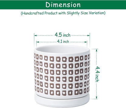 D'vine Dev Set of 2 Ceramic Planter Pots with Drainage Hole and Saucer, 4.5 Inch Plant Pots for Plants Indoor Houseplants, White, 99-Z-A-1-V