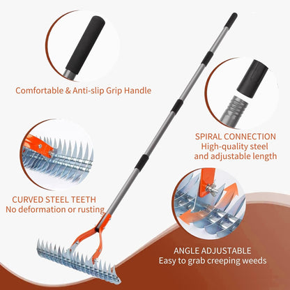 Thatch Rake, 15-Inch Steel Lawn Dethatcher with Handle, Robust Dethatcher Rake, Heavy Duty Grass Cleaning Tool for Dead Grass and Soil Loosening, Yard Garden Durable Soil RAK e