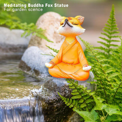 Meditating Buddha Fox Statue Resin Zen Animal Sculpture Yoga Figurine Indoor Outdoor Fengshui Decor for Patio Garden Yard Lawn Tabletop Planter Ponds Pot Bookshelf Ornaments Gifts Orange