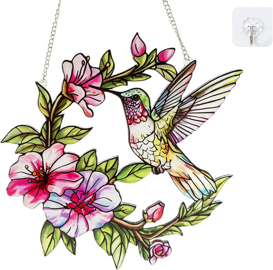 Stained Glass Window Hanging Hummingbird and Flower Suncatcher, Marzovitra 10 Inch Colorful Window