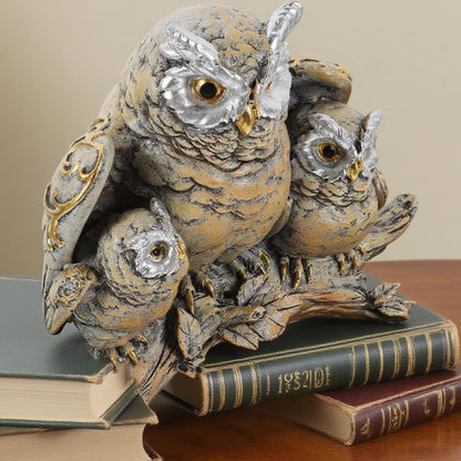 Resin Owl Statue with Spread Wings - Outdoor Garden, Patio, Office Decor Figurine: Family Parent & Two Baby Owls on Base (Grey-Black)