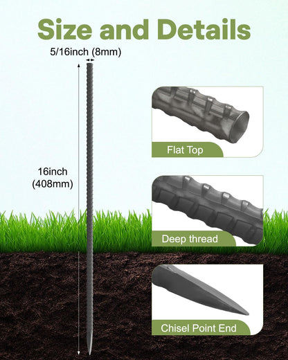 20 Pcs Straight Rebar Stakes 16 inch, 5/16'' Diameter Metal Stakes for Garden, Landscape Timber Spikes Heavy Duty Ground Anchors with Chisel Point End for Concrete Form Tent Fence Camping Trapping