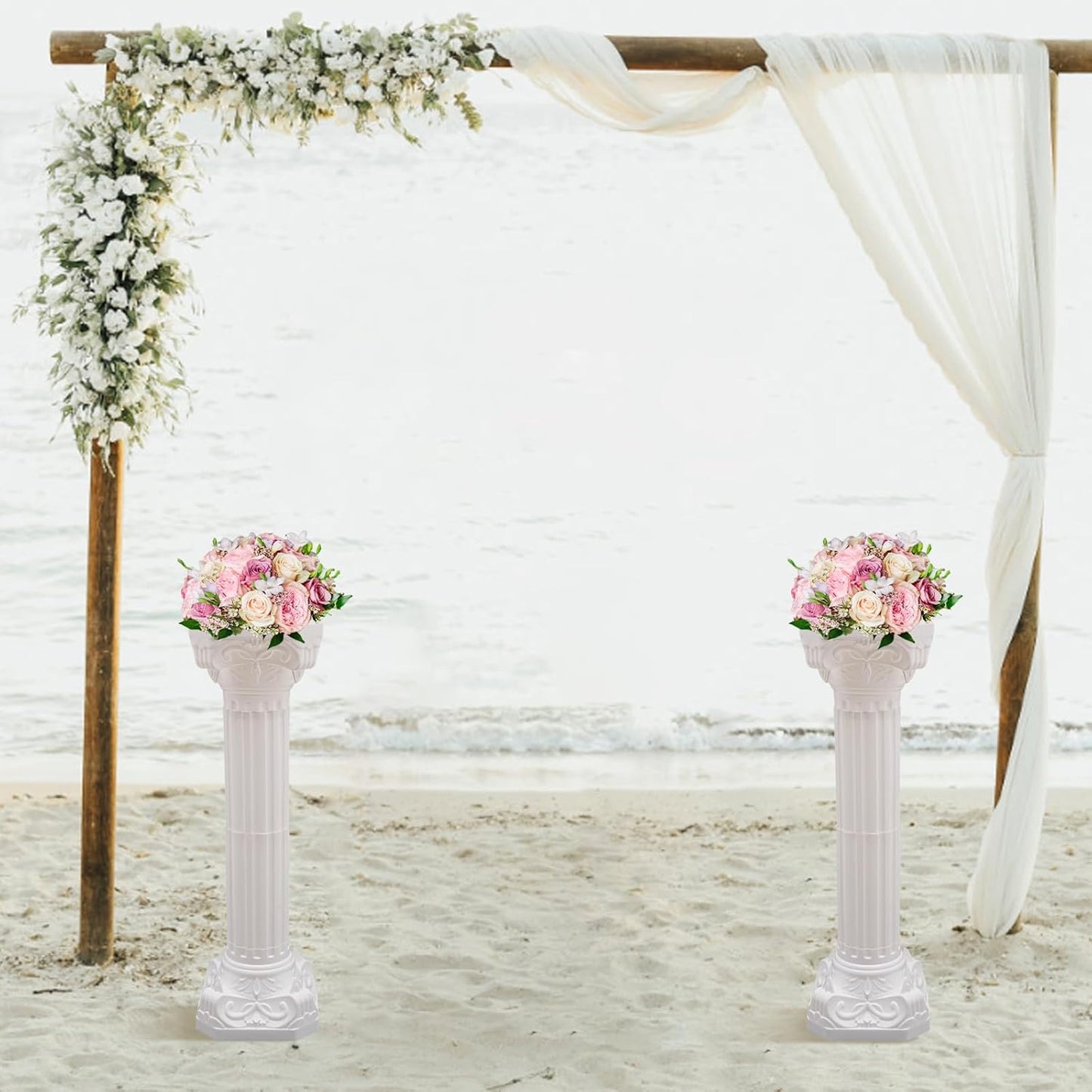 Roman Column Pedestal, Plastic White Columns for Weddings Indoor/Outdoor Roman Pillar Stand for Table Sculptures, Vase, Garden Decor (2PCS, 10.6 x 34.6 Inch Round)