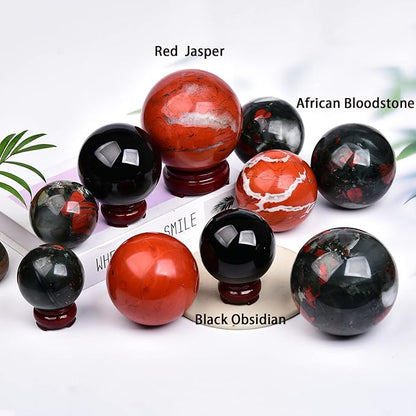 JIC Gem Red Jasper Crystal Ball Natural Quartz Crystal Sphere Stone Ball with Wooden Base (70-80mm)