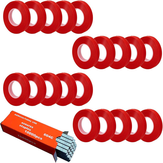 20Rolls of 100 Feet tie Tape and 1 Box of Staple (10000 PCS Staples) for Plant Tying Machine,Plant