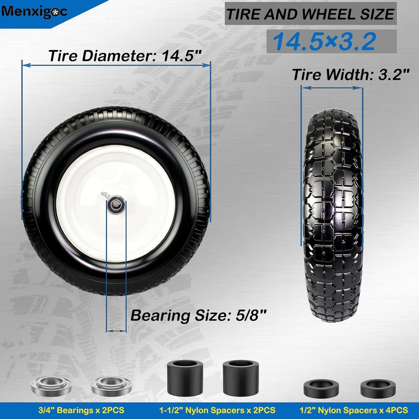 4.80/4.00-8 Solid Tire, 14.5" Flat Free Tire and Wheel, 5/8" Bore Bearing with 3/4" Extra Bearings, 3" -7" Centered Hub - Universal for 4.80-8 4.00-8 4.00-6 3.50/3.00-8 Wheels