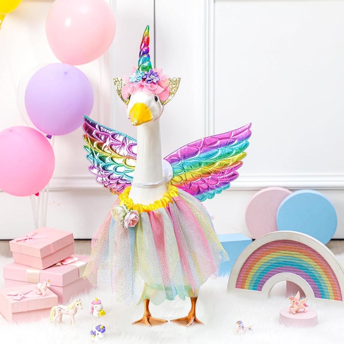 Abbylike Unicorn Goose Outfits Halloween Porch Goose Costume for 23'' Cement Statue Unicorn Headband Tutu Skirt and Wing for Party Outdoor Yard Lawn Garden Patio Decor