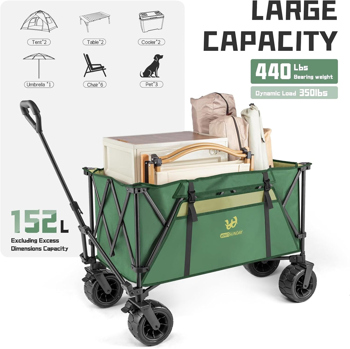 Whitsunday Folding Collapsible Wagon,440Lbs Heavy Duty Foldable Utility Camping Wagon Cart with Table and All Terrian Wheel for Beach,Outdoor Green