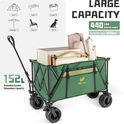 Whitsunday Folding Collapsible Wagon,440Lbs Heavy Duty Foldable Utility Camping Wagon Cart with Table and All Terrian Wheel for Beach,Outdoor Green