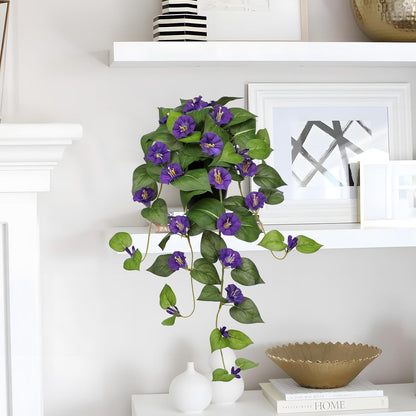 Briful Artificial Hanging Flowers in Pot 25.6" Faux Silk Morning Glory Flower Vine with Cascading Greenery Fake Hanging Plants for Home Office Bathroom Table Shelf Decor(Purple)