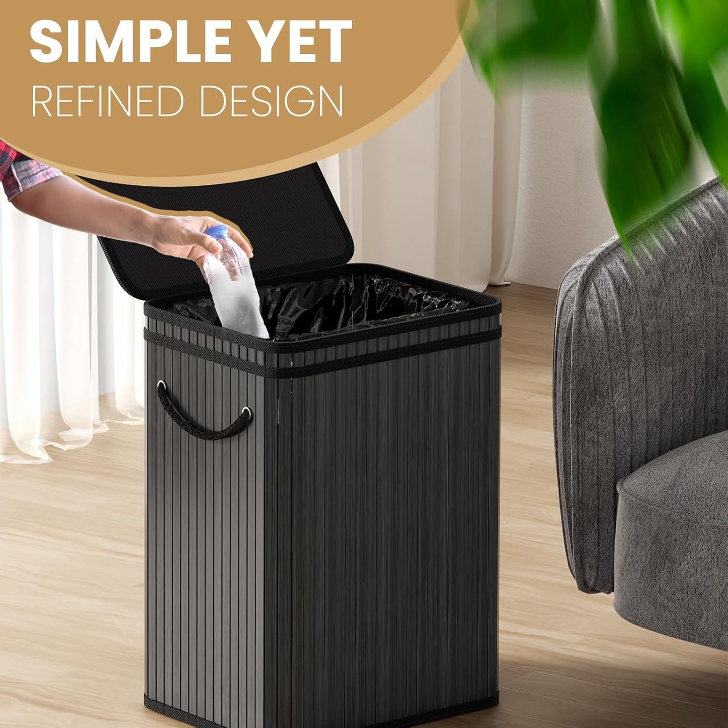80 Liter/21 Gallon Large Trash Can with Lid, Garbage Bin Wastebasket Made of Bamboo, Outdoor Garbage Can/Waste Bin for Home, Office, Bathroom, Kitchen 24" HX15.8 WX11.8 D (Advanced Black)