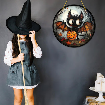 7.87inch Halloween Sun Catchers Stained Glass Window Hanging Evil Bat Pumpkin Acrylic Suncatcher Indoor Wall Art Home Round Ornament Decor for Women Men Family Party Gift