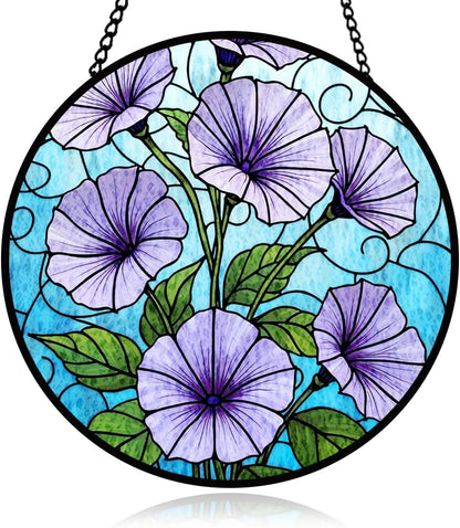 Morning Glory Stained Glass Window Hanging, Purple Suncatcher Panel Hanging for Indoor Outdoor Window Decorations, Morning Glory Glass Ornament for Wall, Garden Decor Gifts for Wedding, Housewarming