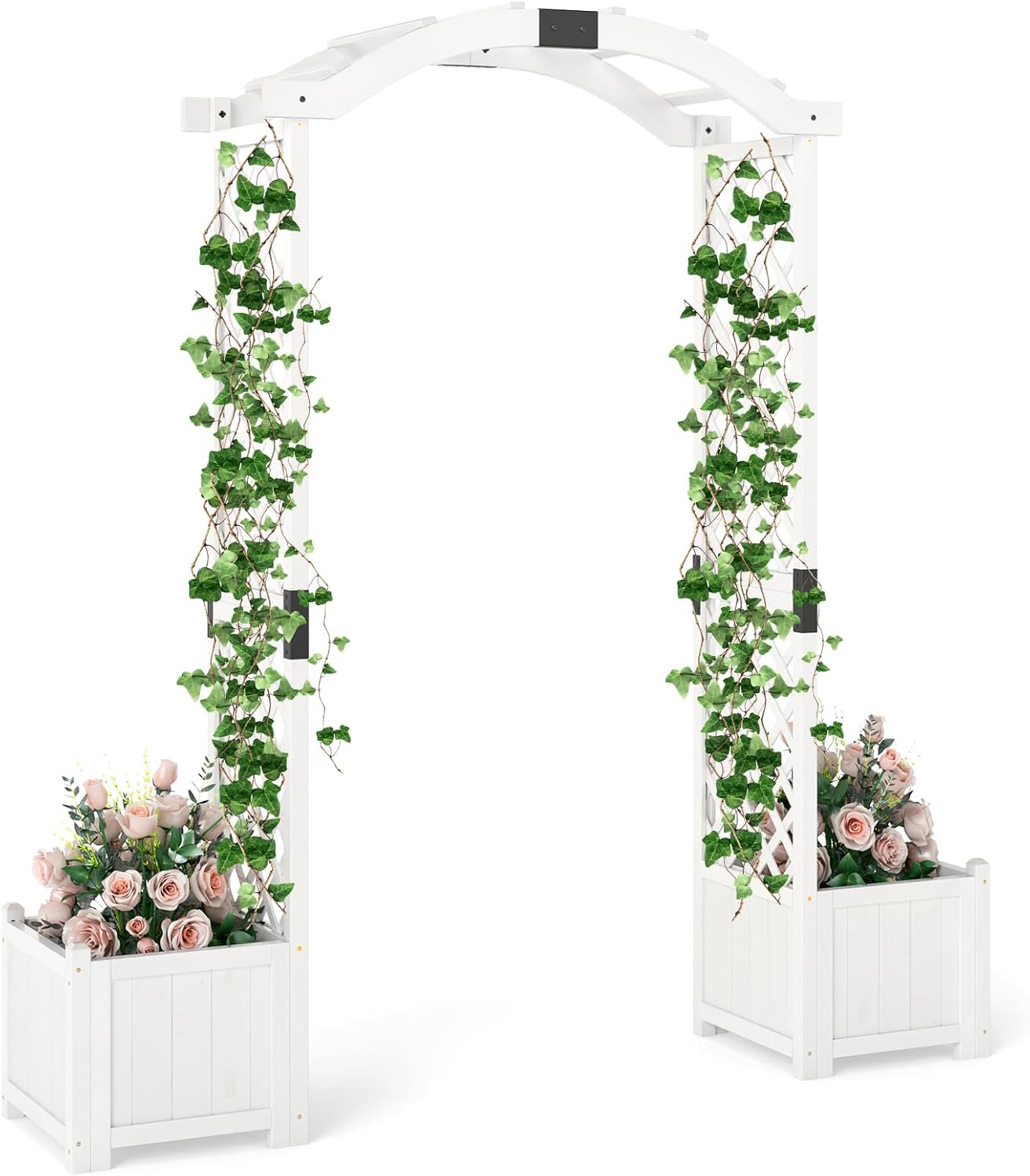 Happygrill Garden Arbor with Planter Boxes, Outdoor Wedding Arch with Trellis for Climbing Plants Vine Vegetables Herbs, Wooden Arbor Archway for Ceremony, Party (White)