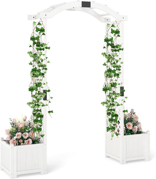 Happygrill Garden Arbor with Planter Boxes, Outdoor Wedding Arch with Trellis for Climbing Plants Vine Vegetables Herbs, Wooden Arbor Archway for Ceremony, Party (White)
