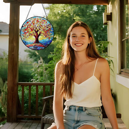 Tree of Life Stained Glass Suncatcher | 8" Round Indoor Window Sun Catchers with Stain Glass Panels | Handmade Wall Art Decor | Birthday Gifts for Women, Grandmothers