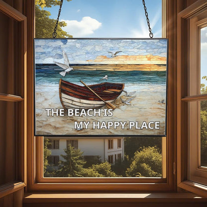 Rectangle The Beach is My Happy Place Stained Glass Suncatcher Window Hanging, Gothic Dragon Christmas Ornaments for Fiction Lovers, Dinosaur Room Decor for Nursery New Home Gifts