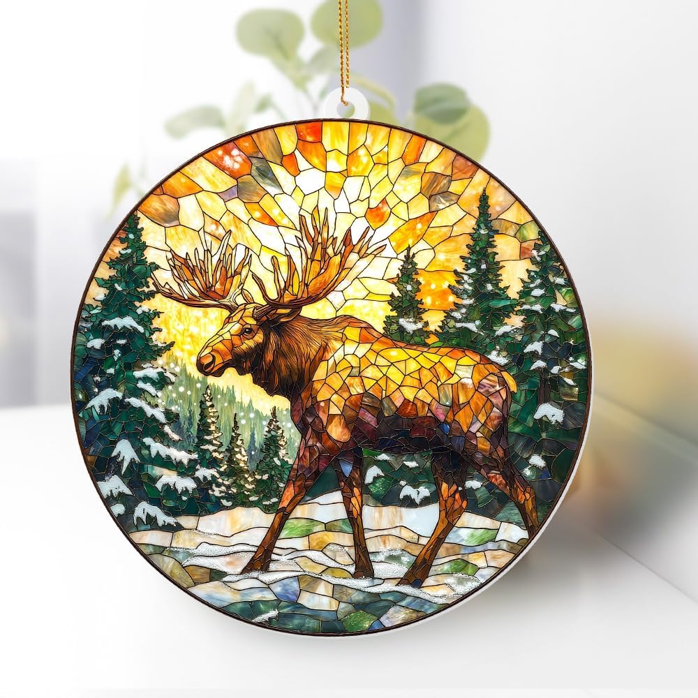 Stained Glass Style Acrylic Moose Ornament 2025 - Rustic Cabin Christmas Tree Ornament, Wildlife Suncatcher Window Hanging, Winter Holiday Decor Gift for Nature & Outdoor Lovers, Shatter(Sun-23)