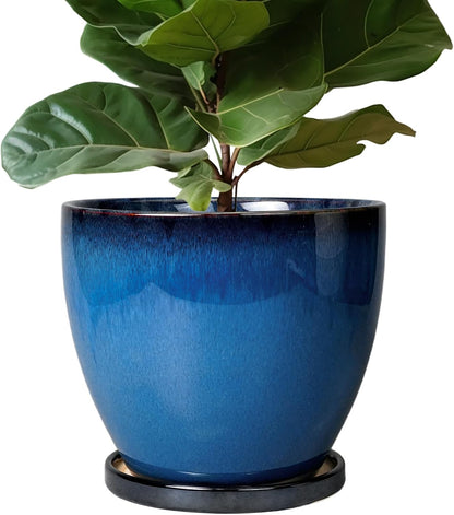Ceramic Pots for Plants - 10 Inch Planter for Indoor Ourdoor Plants Modern Large Flower Pot with Drainage Hole and Saucer Room Home Office Garden Patio Porch Decor Blue