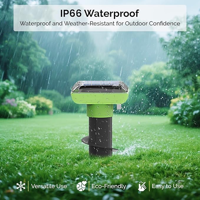 Solar Garden Device – 4 Pack, IP66 Waterproof, Solar Rechargeable, Covers up to 75 sq. ft., Quick 2-Hour Charge, 8–10 Hours Operation, Weather-Resistant Lawn & Garden – eco-Friendly Lawn Spikes,