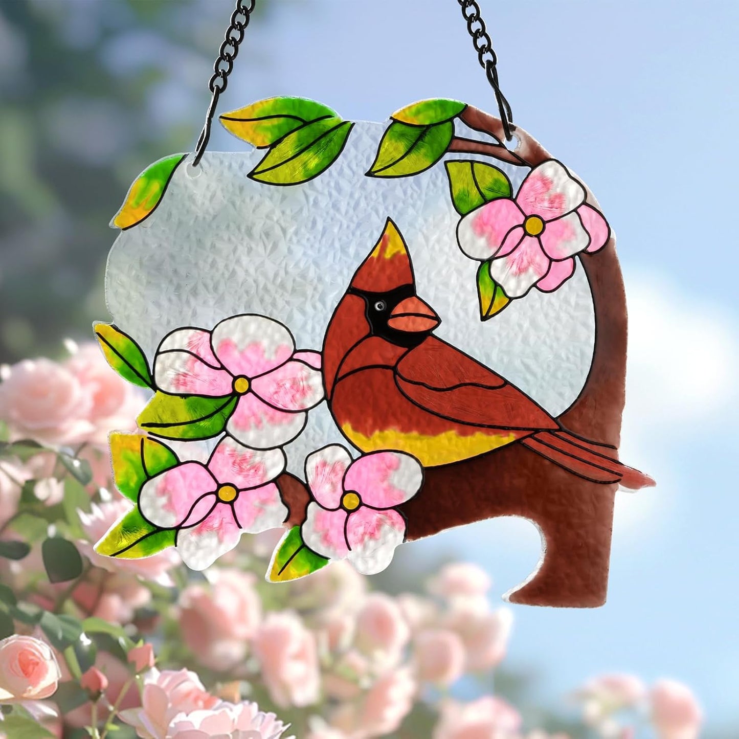 Red Bird Stained Glass Hanging Ornament – 5x6 Inch Hand-Painted Floral Sun Catcher – Window/Garden/Home Decor – Unique Gift for Friends, Family, Holidays