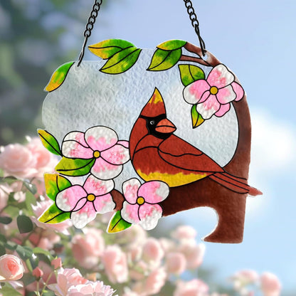 Red Bird Stained Glass Hanging Ornament – 5x6 Inch Hand-Painted Floral Sun Catcher – Window/Garden/Home Decor – Unique Gift for Friends, Family, Holidays