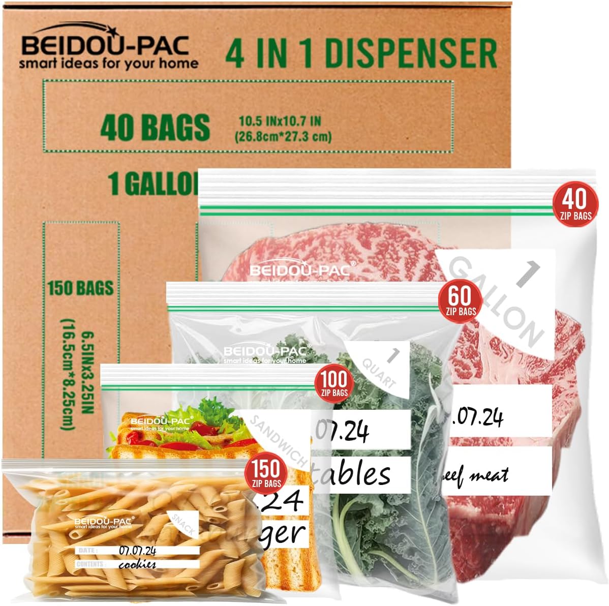 Combo Storage Zip Bags 350 Count, Resealable Variety Pack With Organizer, Reclosable Clear Plastic Snack, Sandwich, Quart, Gallon Assorted Size Bags