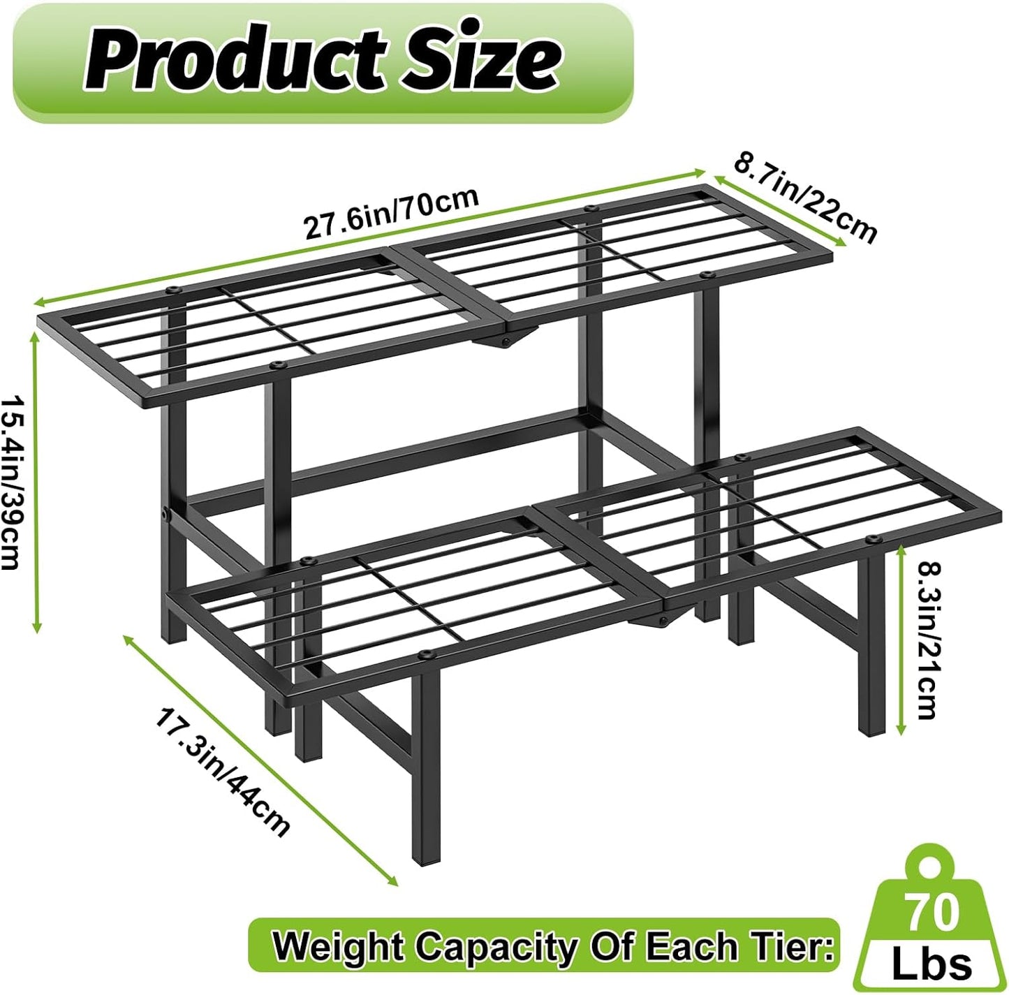 2 Tier Stackable Plant Stand Indoor Outdoor, Freestanding Tiered Folding Heavy Duty Metal Ladder Plant Shelf, Multiple Plant Pot Holder Display Rack for Living Room Garden Balcony Patio, Black