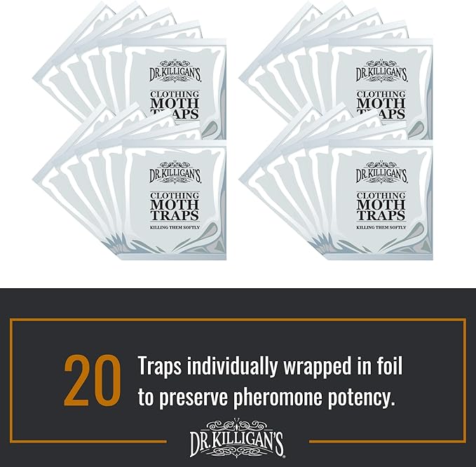 Dr. Killigan's Premium Double Potent Clothing Moth Traps with Pheromones Prime - Organic Trap with Lure for Clothes Closets & Carpet - Case Making & Web Spinning Moth Prevention (20 Pack, Black)