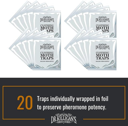 Dr. Killigan's Premium Double Potent Clothing Moth Traps with Pheromones Prime - Organic Trap with Lure for Clothes Closets & Carpet - Case Making & Web Spinning Moth Prevention (20 Pack, Black)