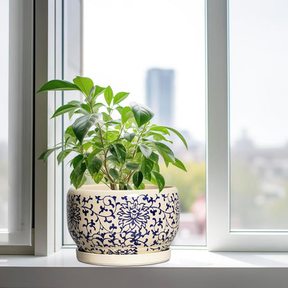 SQOWL 10 Inch Plant Pot Indoor - Ceramic Planter with Drainage Hole and Tray, Large Ceramic Flower Pots Outdoor, Porcelain Decorative Round Planter, Room Decor, Gifts for Plant Lovers, Blue and Beige