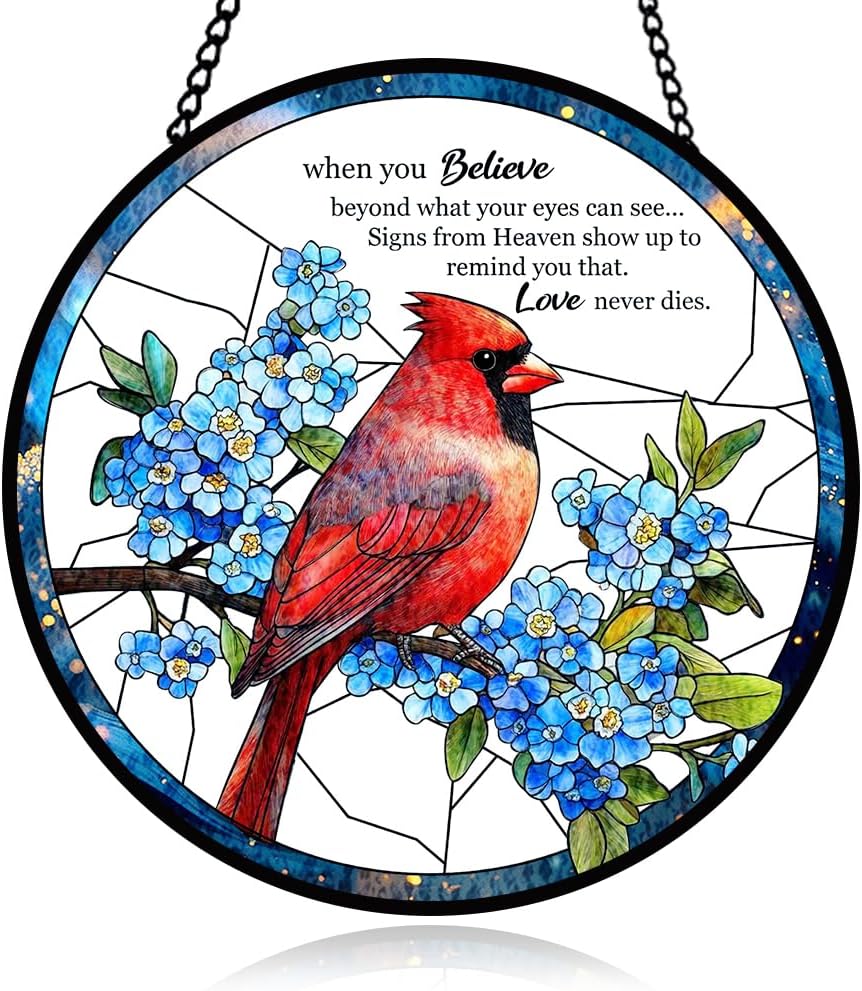 Red Cardinal Stained Glass Window Hanging, Bird Suncatcher for Window, Condolences Suncatcher Glass, Red Bird Home Decor for Remembrance and Healing, Diamond Glass Decor, Sympathy Gifts for Women Men