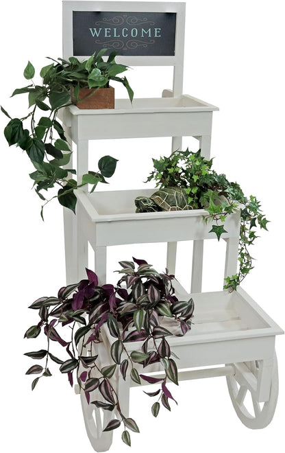 Sunnydaze 3-Tiered Flower Cart Display Stand with Wheels - Flower Display Stand or Planter - Wooden Cart with Chalkboard - White