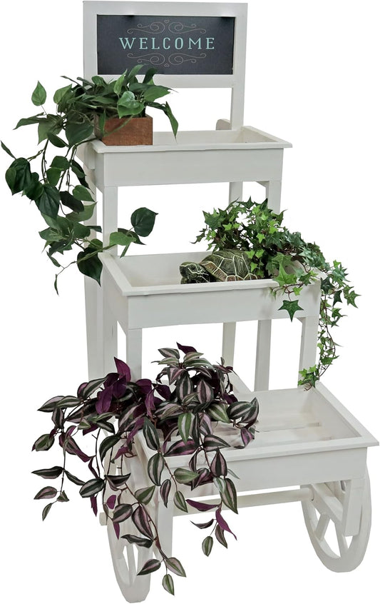 Sunnydaze 3-Tiered Flower Cart Display Stand with Wheels - Flower Display Stand or Planter - Wooden Cart with Chalkboard - White